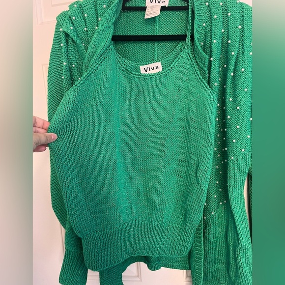 Vintage 80s Hand Knit Green Pearl Embellished Elegant Twinset S/M - Picture 6 of 16